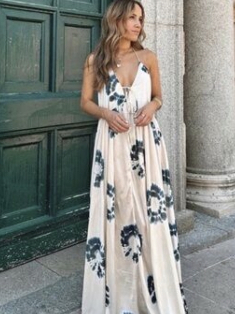 Zara Sleeveless Cream Tie-Dye Maxi Dress with Deep V